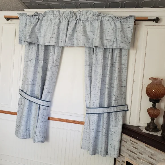 Sears Drapes 48W x 62L Tweed Print Pinch Pleat Curtains Blue VTG 50s 60s NEW